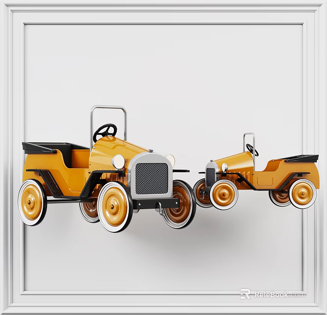 Two Yellow Vintage Style Electric Toy Cars Hanging On Wall 3d model 