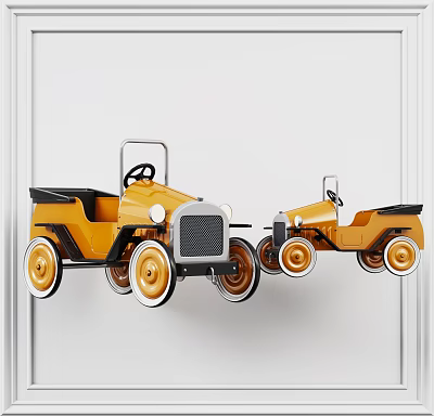Two Yellow Vintage Style Electric Toy Cars Hanging On Wall 3d model Two Yellow Vintage Style Electric Toy Cars Hanging On Wall 3d model