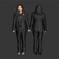 Woman Smiling in Black Blazer and Pants with Front Back View and Green Badge