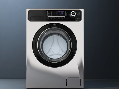 Modern Front Loading Washing Machine With Silver Body Digital Display And Transparent Door 3d model