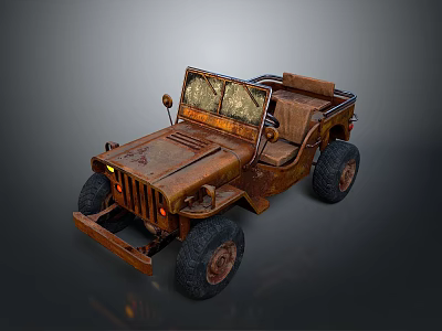 Vintage Rusty Open Top Jeep With Worn Tires And Weathered Exterior 3d model