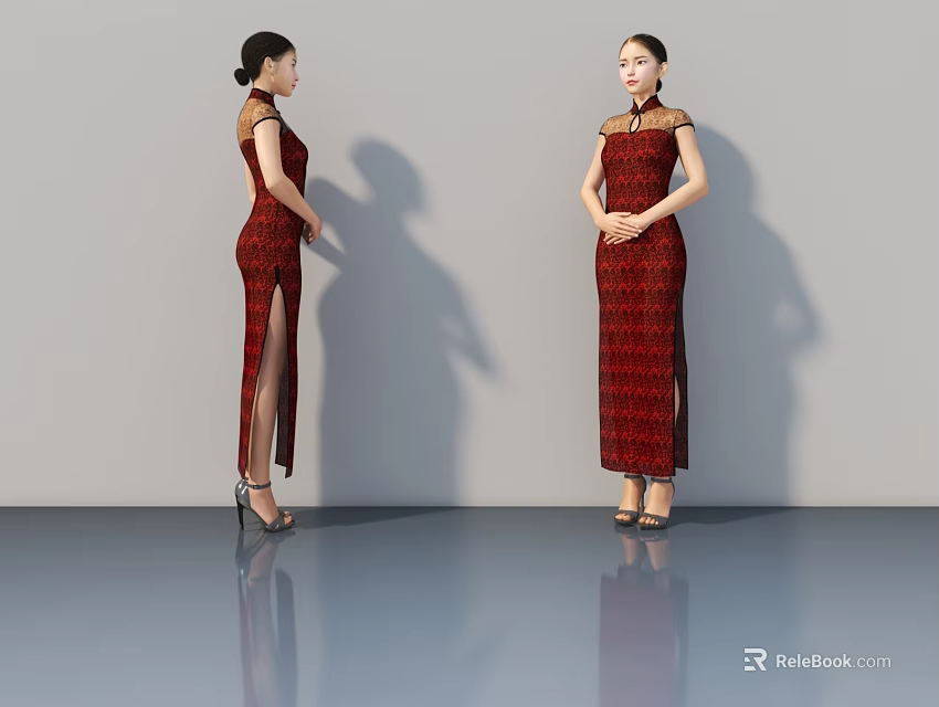 Elegant Women Standing in Red Patterned Cheongsam with High Heels on Grey Background 3d model 