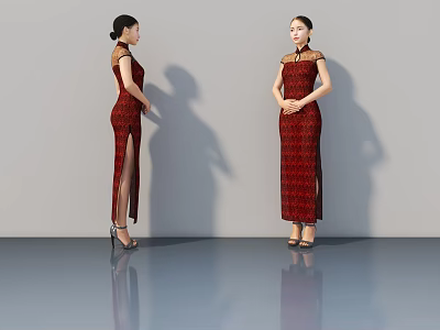 Elegant Women Standing in Red Patterned Cheongsam with High Heels on Grey Background 3d model