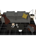 Gray Sofa Coffee Table Set with Yellow Cushion Brown Blanket Green Ottoman Black Plaid Rug