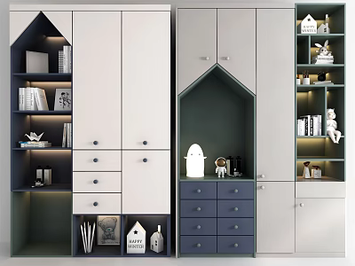 Modern Decorative Cabinet With White Grey And Blue Open Shelves Drawers Books And Ornaments 3d model