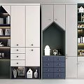 Modern Decorative Cabinet With White Grey And Blue Open Shelves Drawers Books And Ornaments