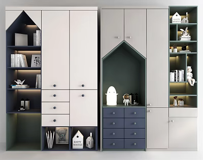 Modern Decorative Cabinet With White Grey And Blue Open Shelves Drawers Books And Ornaments 3d model