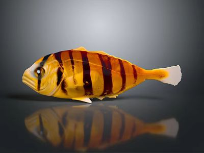 Colorful Fish with Yellow Black Stripes White Belly and Tail on Dark Background with Reflection 3d model