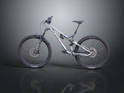 Silver White Mountain Bike With Black Off Road Tires And Suspension System 3d model
