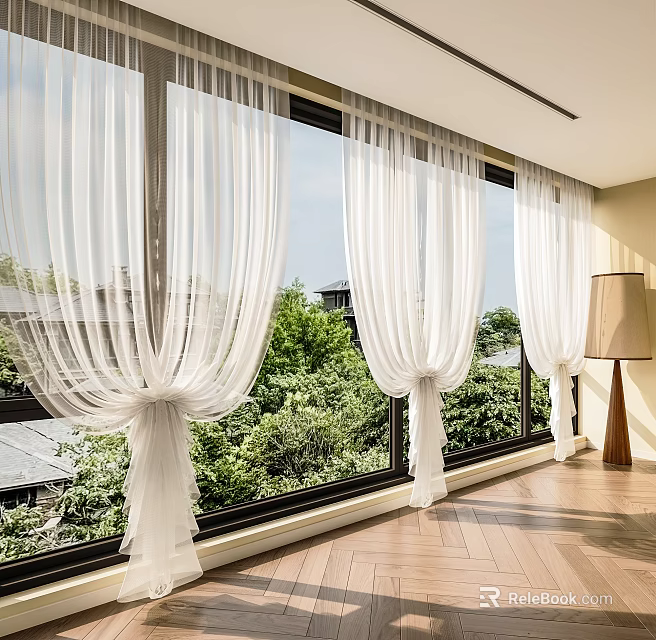 White Sheer Curtains For Large Windows With Greenery View And Wooden Floor Interior 3d model 