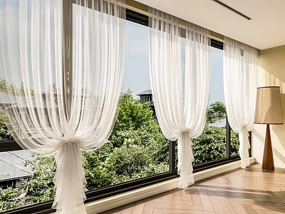 White Sheer Curtains For Large Windows With Greenery View And Wooden Floor Interior 3d model