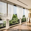 White Sheer Curtains For Large Windows With Greenery View And Wooden Floor Interior