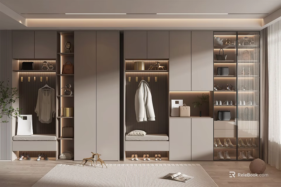 Modern Shoe Cabinet With Hanging Area Storage Bench And Glass Door Design 3d model 