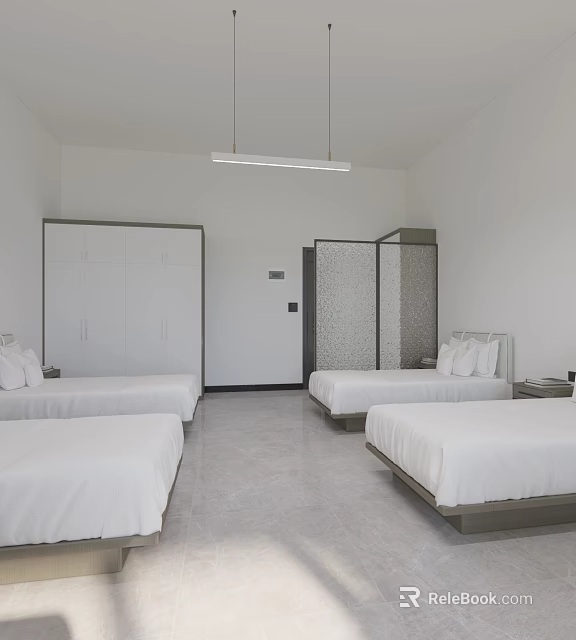 Minimalist Bedroom Interior With Four Beds White Bedding Wardrobes And Partition Screen 3d model 