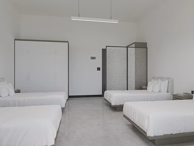 Minimalist Bedroom Interior With Four Beds White Bedding Wardrobes And Partition Screen 3d model