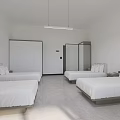 Minimalist Bedroom Interior With Four Beds White Bedding Wardrobes And Partition Screen