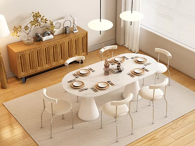 Modern White Oval Dining Table Set with Metal Leg Chairs and Wooden Sideboard 3d model