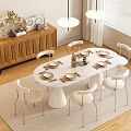 Modern White Oval Dining Table Set with Metal Leg Chairs and Wooden Sideboard