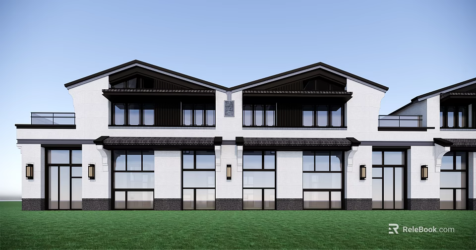 Modern Chinese Style Townhouse Exterior With White Walls Black Roofs And Green Lawn 3d model 