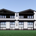 Modern Chinese Style Townhouse Exterior With White Walls Black Roofs And Green Lawn