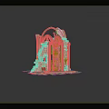 Cartoon Style Scene Featuring Ruined Stone Arch Colorful Stained Glass Window and Scattered Stone Blocks