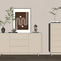 Modern Console And Side Cabinet With Beige Wall Framed Art Plants And Drawers