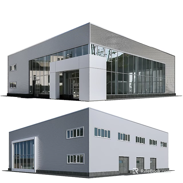 Modern Industrial Factory Building With Glass Curtain Walls Metal Exterior Multiple Windows And Entrance Area 3d model 