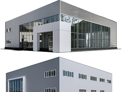 Modern Industrial Factory Building With Glass Curtain Walls Metal Exterior Multiple Windows And Entrance Area 3d model