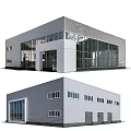 Modern Industrial Factory Building With Glass Curtain Walls Metal Exterior Multiple Windows And Entrance Area