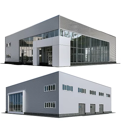 Modern Industrial Factory Building With Glass Curtain Walls Metal Exterior Multiple Windows And Entrance Area 3d model