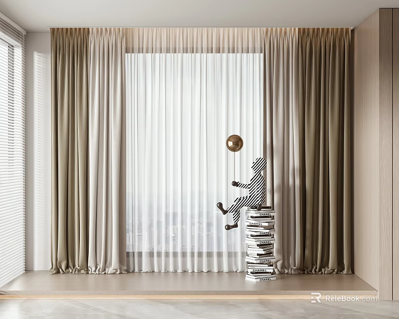 Modern Double Layer Curtains with Sheer White and Beige Brown for Home Window 3d model 