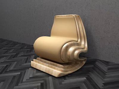 Modern Beige Leather Leisure Chair With Curved Wooden Frame And Herringbone Floor 3d model