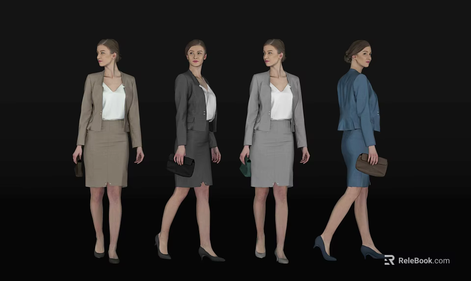 Professional Women In Different Colored Suit Sets Holding Handbags On 3d model 