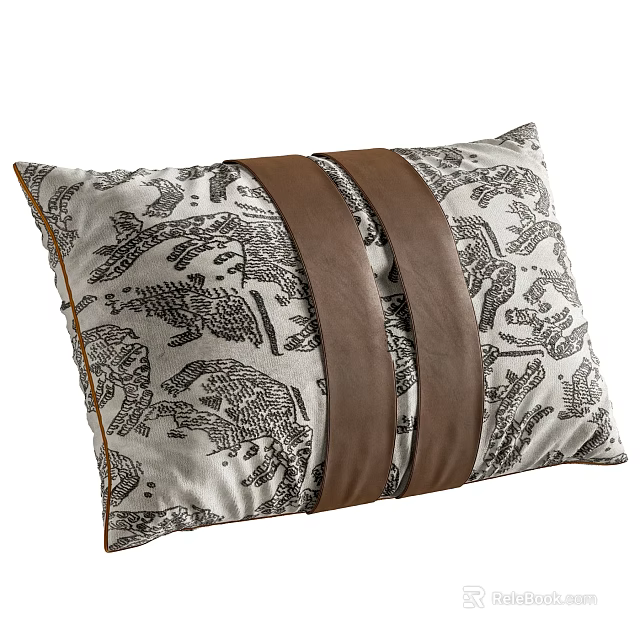 Stylish Decorative Pillow with Black White Animal Pattern and Brown Leather Straps 3d model 