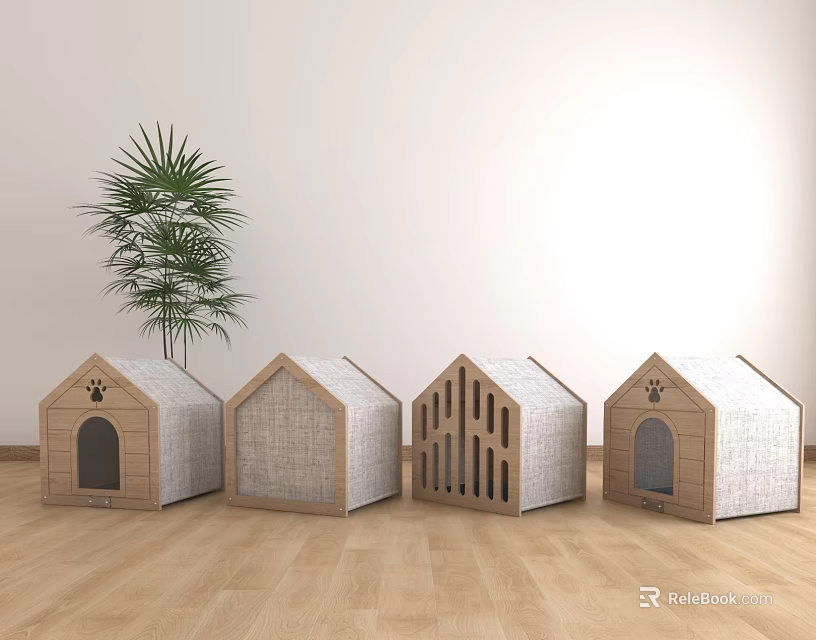 House Shaped Decorative Ornament Set With Wooden Fabric Design And Green Plant 3d model 