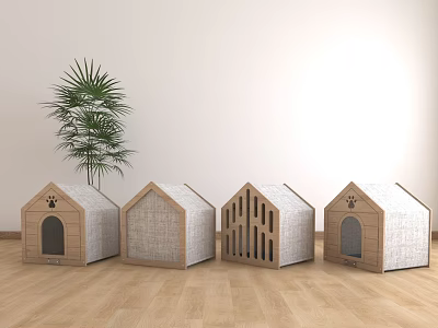 House Shaped Decorative Ornament Set With Wooden Fabric Design And Green Plant 3d model