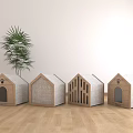 House Shaped Decorative Ornament Set With Wooden Fabric Design And Green Plant