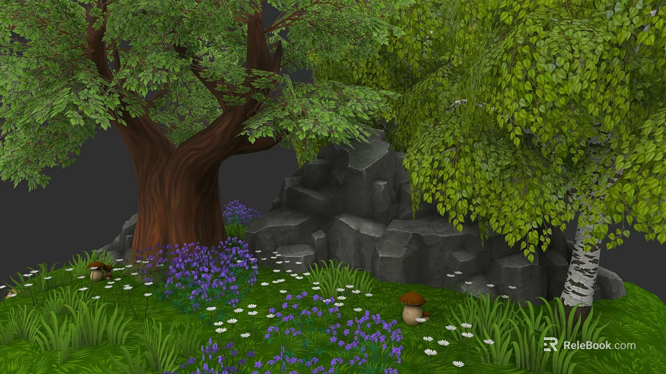 Microlandscape Design With Large Tree Stone Steps Purple White Flowers Mushrooms And Green Grass 3d model 