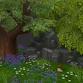 Microlandscape Design With Large Tree Stone Steps Purple White Flowers Mushrooms And Green Grass