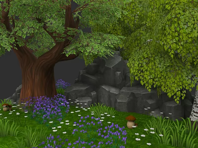 Microlandscape Design With Large Tree Stone Steps Purple White Flowers Mushrooms And Green Grass 3d model