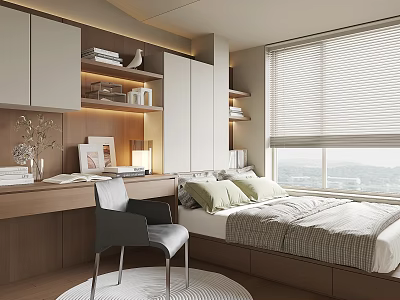 Modern Tatami Bedroom Interior With Desk Chair Bookshelf Window Blinds Cozy Bedding And Wooden Elements 3d model