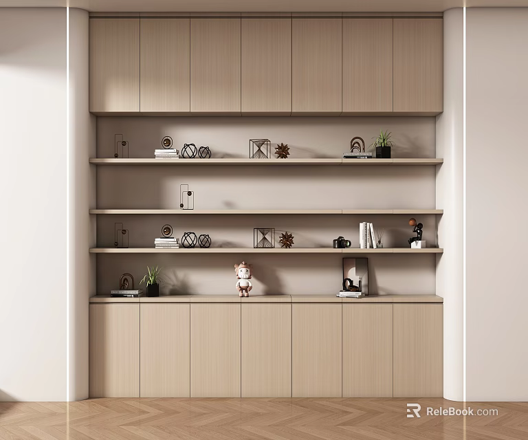 Modern Light Wood Bookcase With Multiple Shelves Cabinets And Decorative Items 3d model 