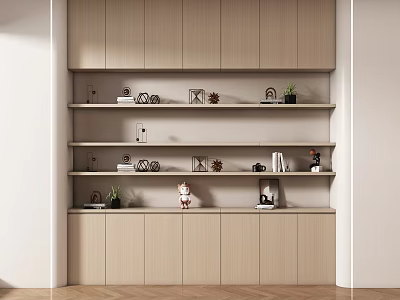 Modern Light Wood Bookcase With Multiple Shelves Cabinets And Decorative Items 3d model