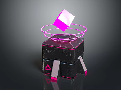 Black Cube Base With Pink Floating Cube And Glowing Pink Rings And Triangular Logo 3d model