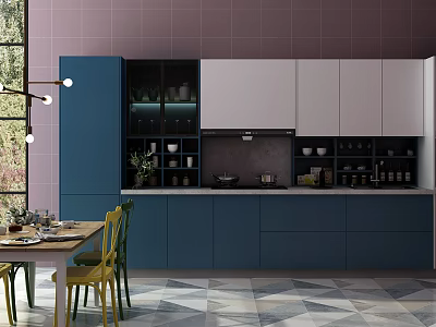 Modern Dining Table Set With Colorful Chairs And Blue White Kitchen Cabinets 3d model