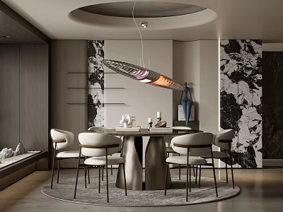 Elegant Modern Restaurant Interior With Round Dining Table White Chairs Pendant Light And Marble Wall 3d model