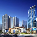 Modern Commercial Plaza With High Rise Buildings LED Screen Fountain Shops And Pedestrians