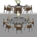 Elegant Round Marble Dining Table Set With Beige Brown Upholstered Chairs And Tableware 3d model