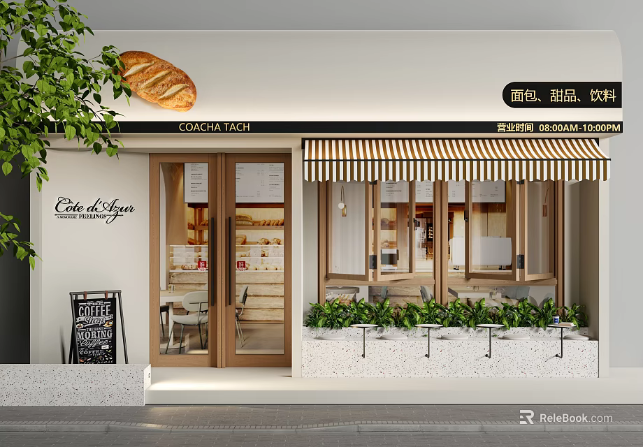 Charming Bakery Cafe Storefront with Striped Awning Glass Windows Bread Decoration and Green Plants 3d model 