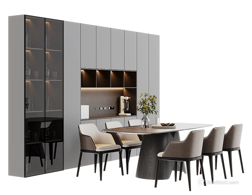 Modern Dining Table Set With Beige Chairs And Gray Storage Cabinets 3d model